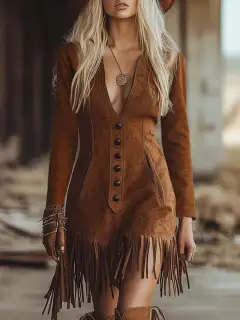 Faux Suede Fringed Jacket With V-Neck And Long Sleeves Plus Faux Suede Fringed Mini Skirt - Coffee - View 1