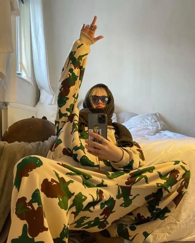 New Loose Straight Ankle tied Trousers Cross border American Irregular Pattern Print Hooded Suits Women Green - Shop at LoveMi