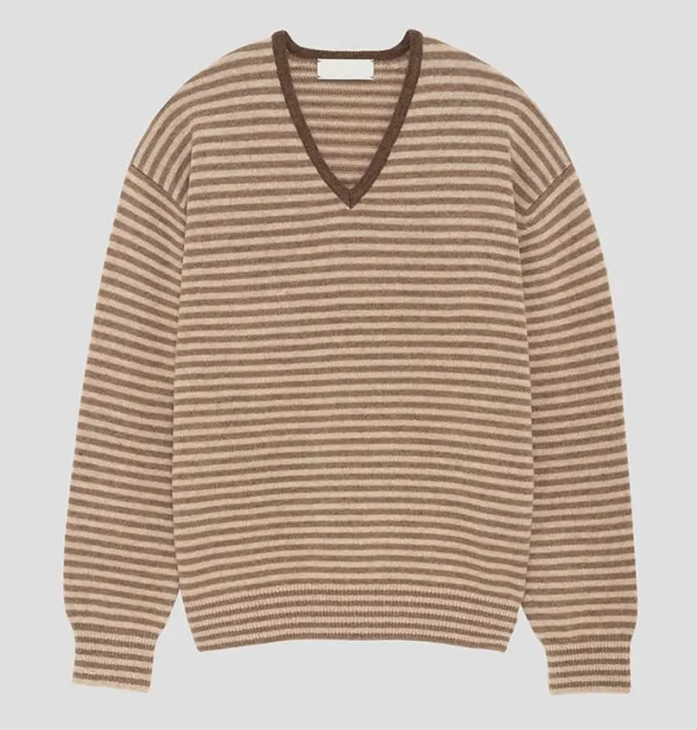 Women's Fashionable Loose V neck Striped Knitted Top Beige - Shop at LoveMi