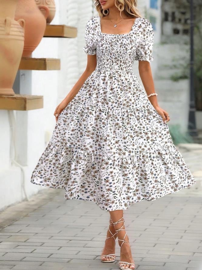 Printed Square Collar Waist tight Puff Sleeve Layered Dress White Flower - Shop at LoveMi
