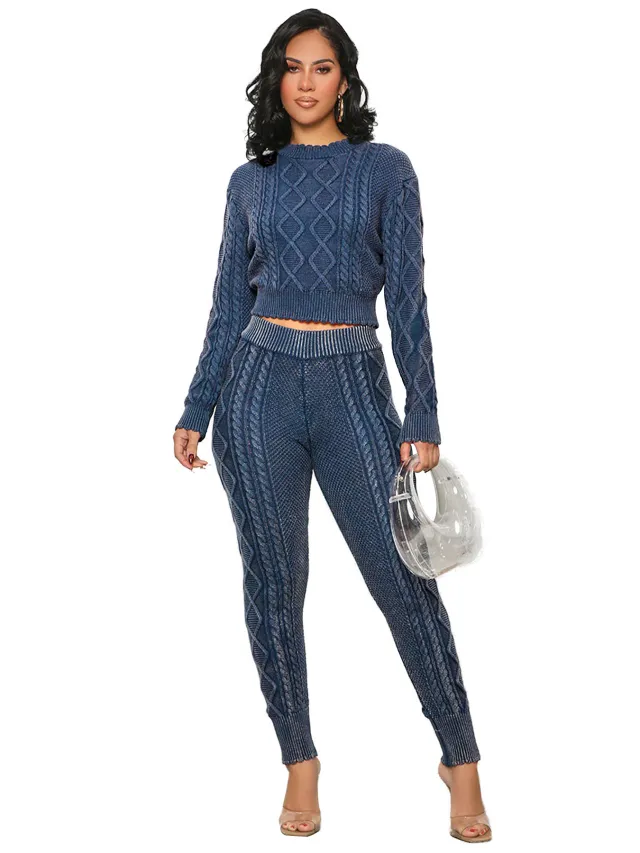 Women's Washable Vintage Knit Diamond Pattern Cable Sweater Set Blue - Shop at LoveMi