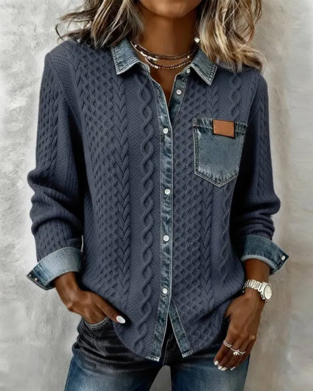 Women's Fashion Knit and jean Patchwork Shirt For Fall And Winter Navy Blue - Shop at LoveMi