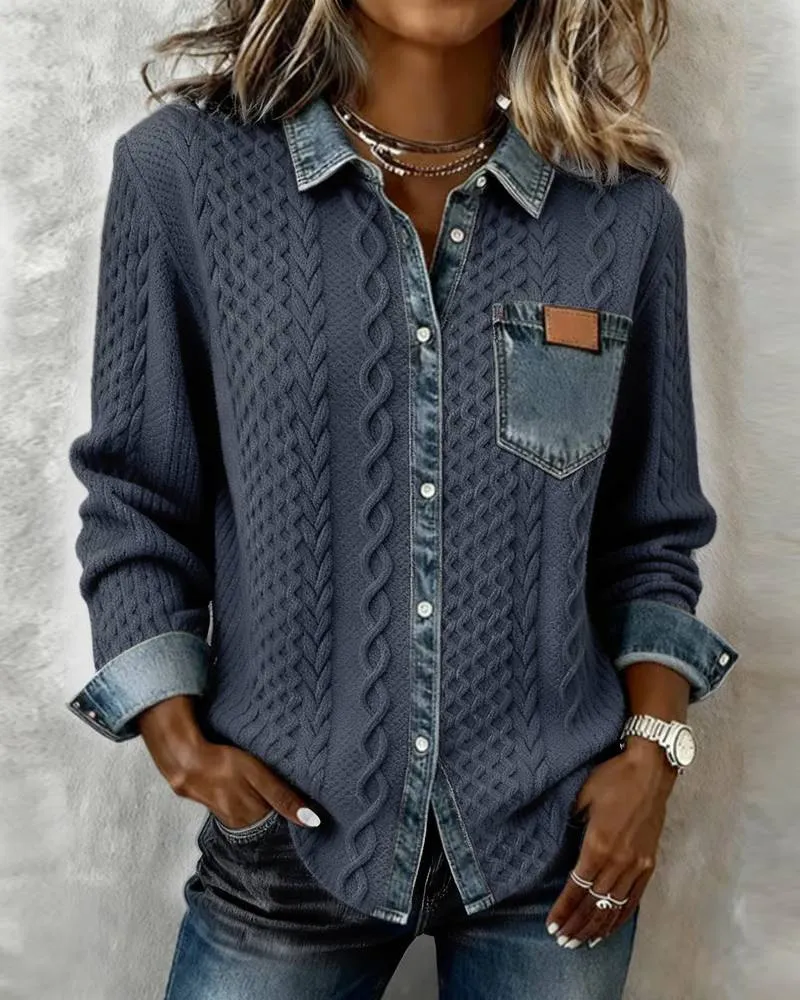 Women's Fashion Knit-and-jean Patchwork Shirt For Fall And Winter - Navy Blue