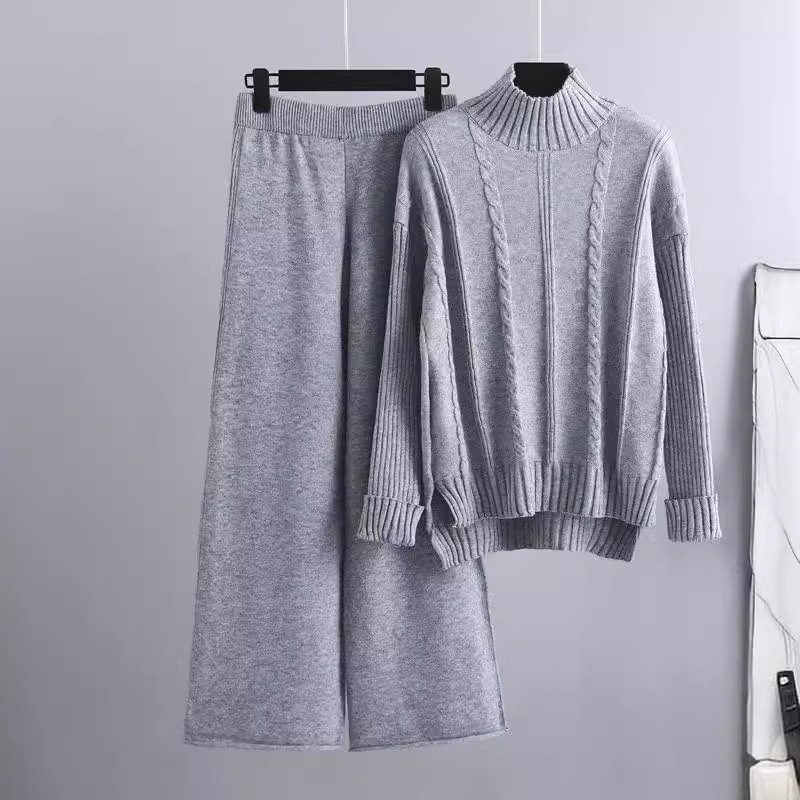 High-end Mock Neck Sweater Wide-leg Pants Suit Women