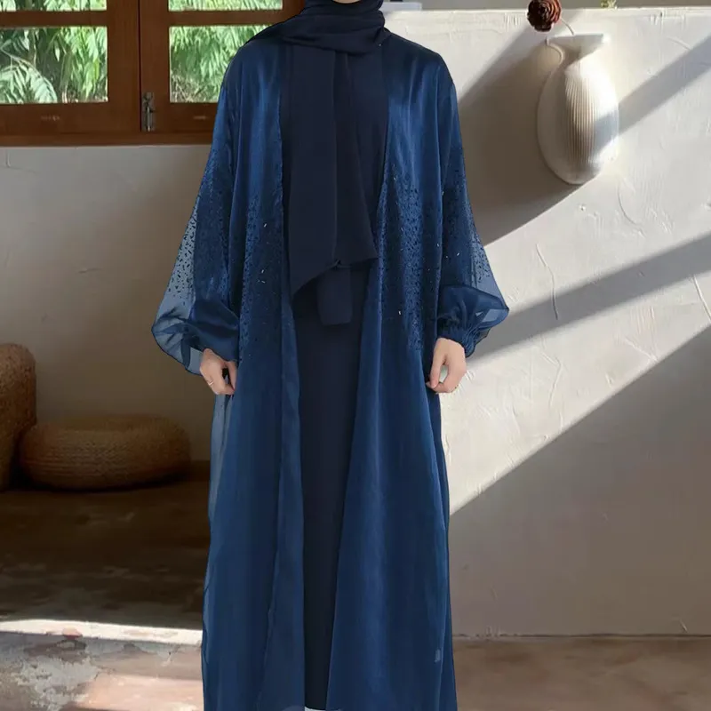 Lady Mesh Robe Coat Two-piece Set - Dark Blue