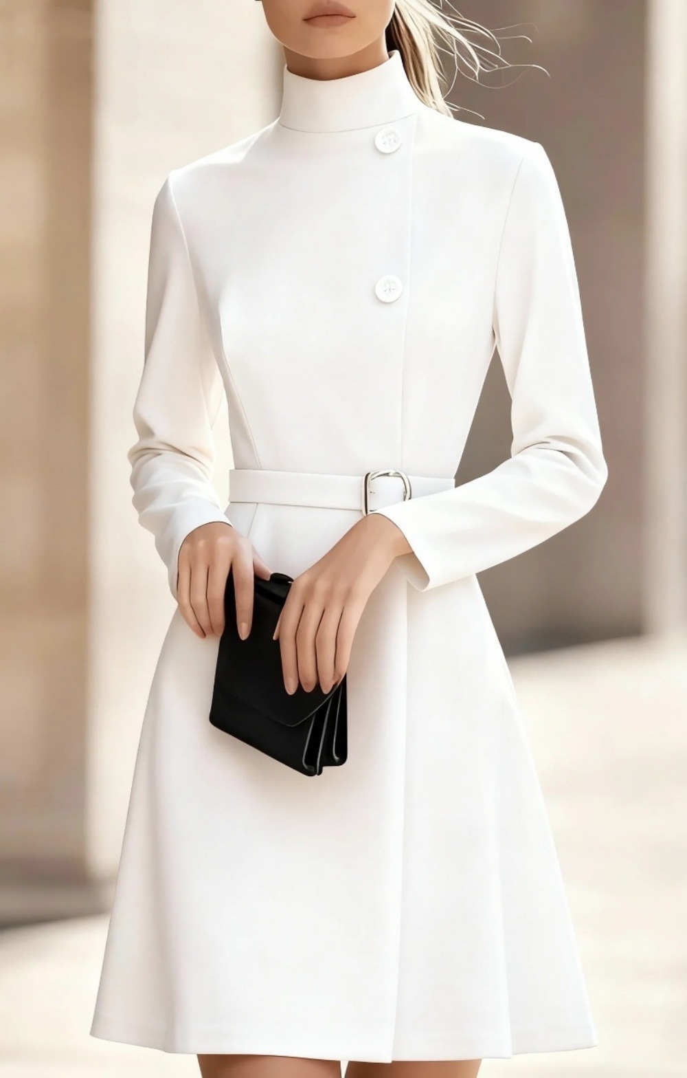 Autumn And Winter High collar Temperament Commuting Waist slimming A line Midi Dress For Women White - Shop at LoveMi