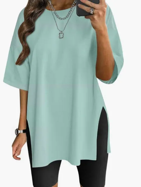 Women's Solid Color Split Short sleeved T shirt Round Neck Loose Top Light Green - Shop at LoveMi