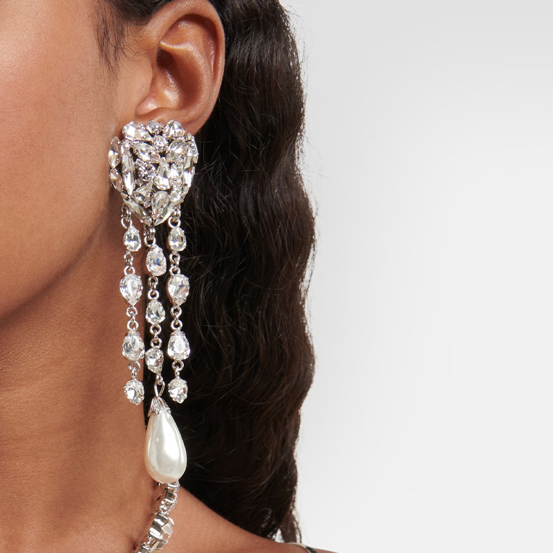 Heart Shape Ear Clip Pendant Tassel Rhinestone Earrings