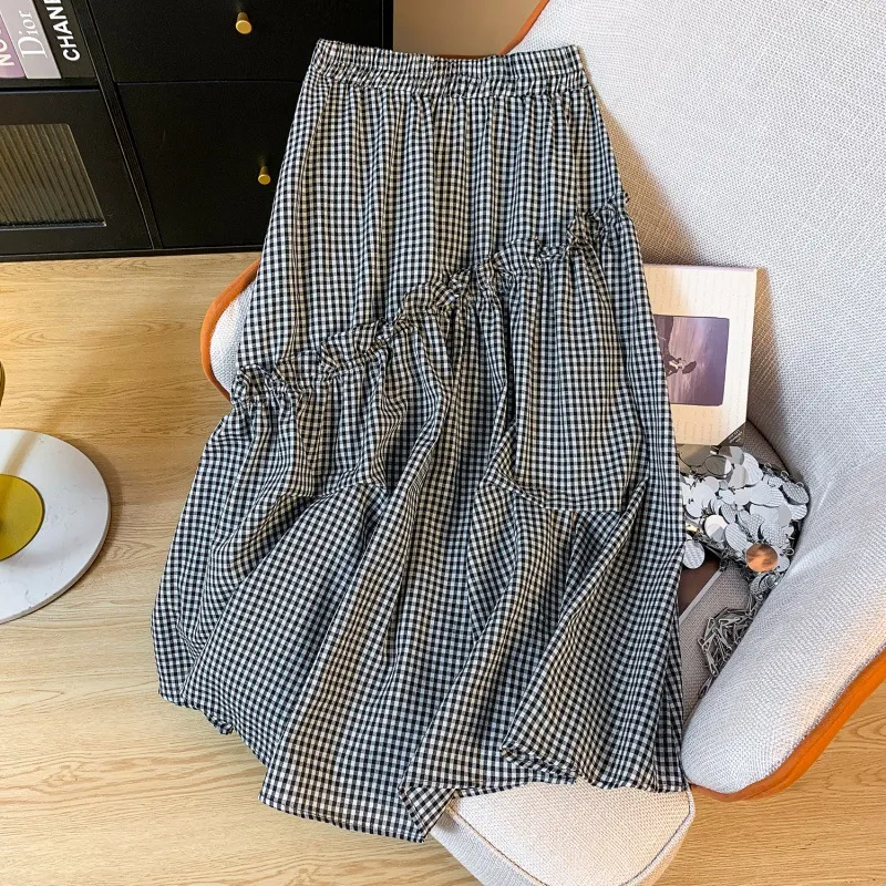 Summer Elastic Waist French Black And White Plaid Irregular A- Line Skirt - Black And White Plaid