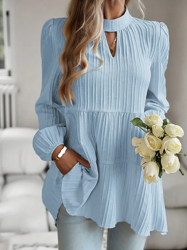 Women's Puff sleeve A line Solid color Long sleeve Shirt Sky Blue - Shop at LoveMi