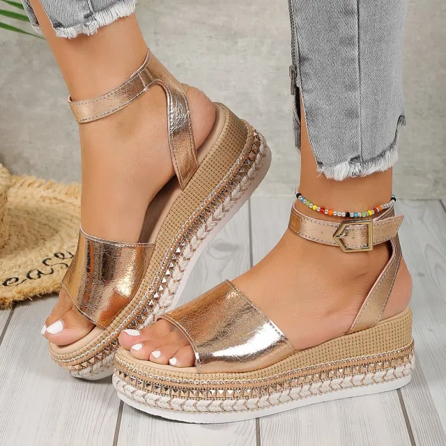 Female Oversized Hollowed Out Fishmouth Wedge Sandals Gold - Shop at LoveMi