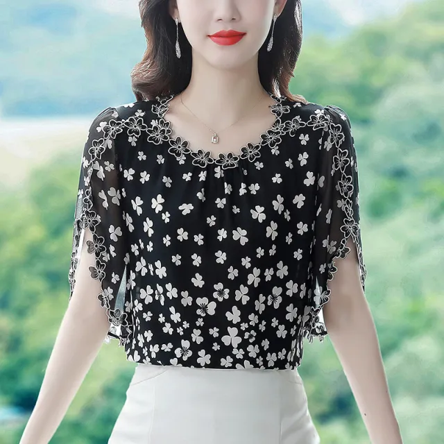 Embroidery Floral Shirt Fashion Chiffon Short Sleeve Black - Shop at LoveMi