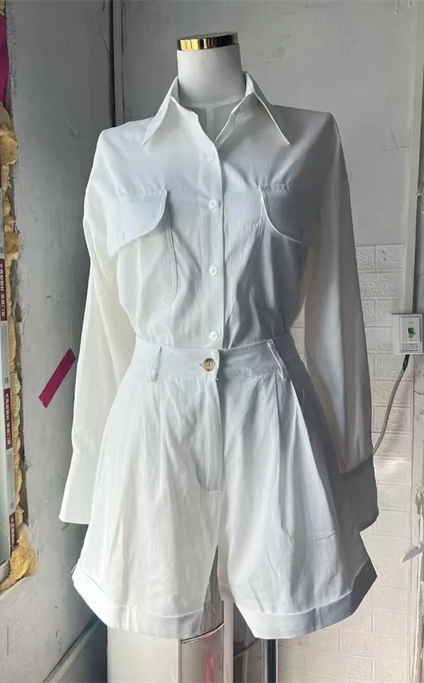 Loose Long Sleeve Shirt Cotton Linen High Waist Wide Leg Shorts Suit White - Shop at LoveMi