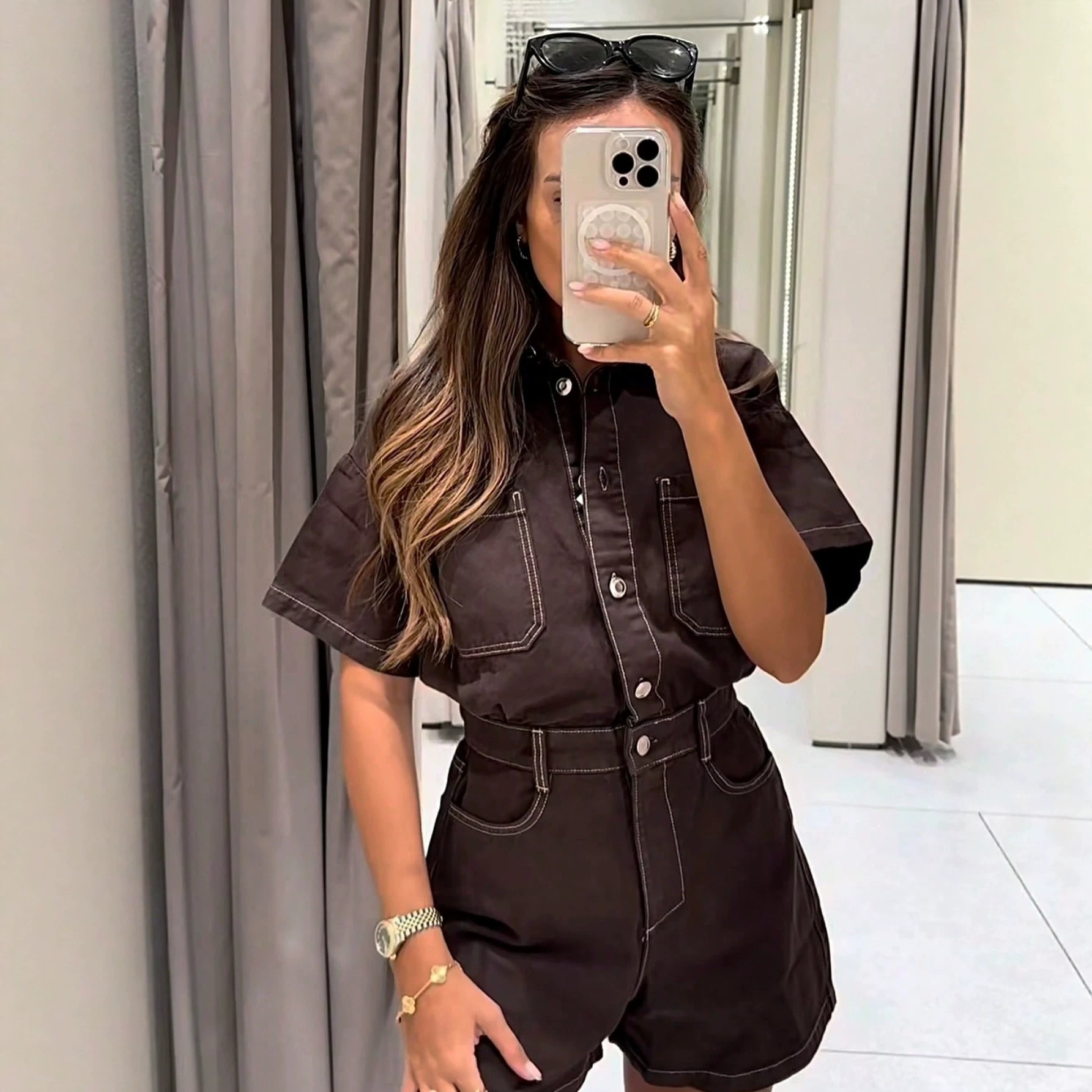 Women's Short Sleeve Lapel Jumpsuit - Casual Loose Fit Summer Romper with Button Down Collar