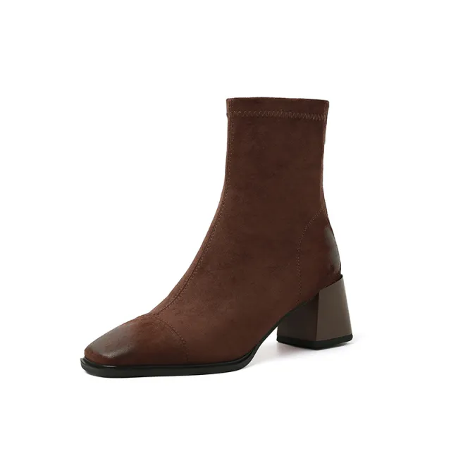 Women's Solid Color Simple Suede Chunky Heel Ankle Boots Brown - Shop at LoveMi
