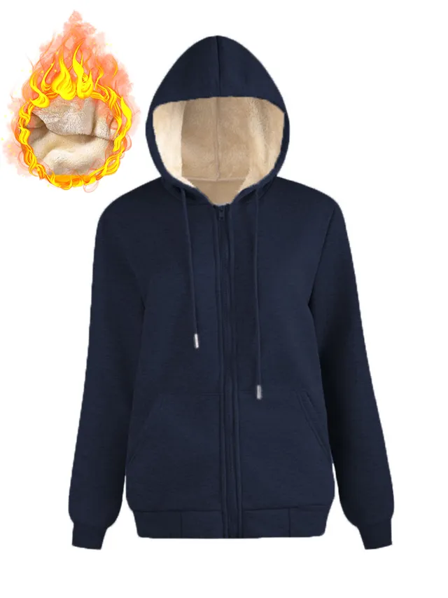 Warm Berber Fleece Pocket Hooded Sweatshirt Coat Sapphire Blue Thread Zipper - Shop at LoveMi