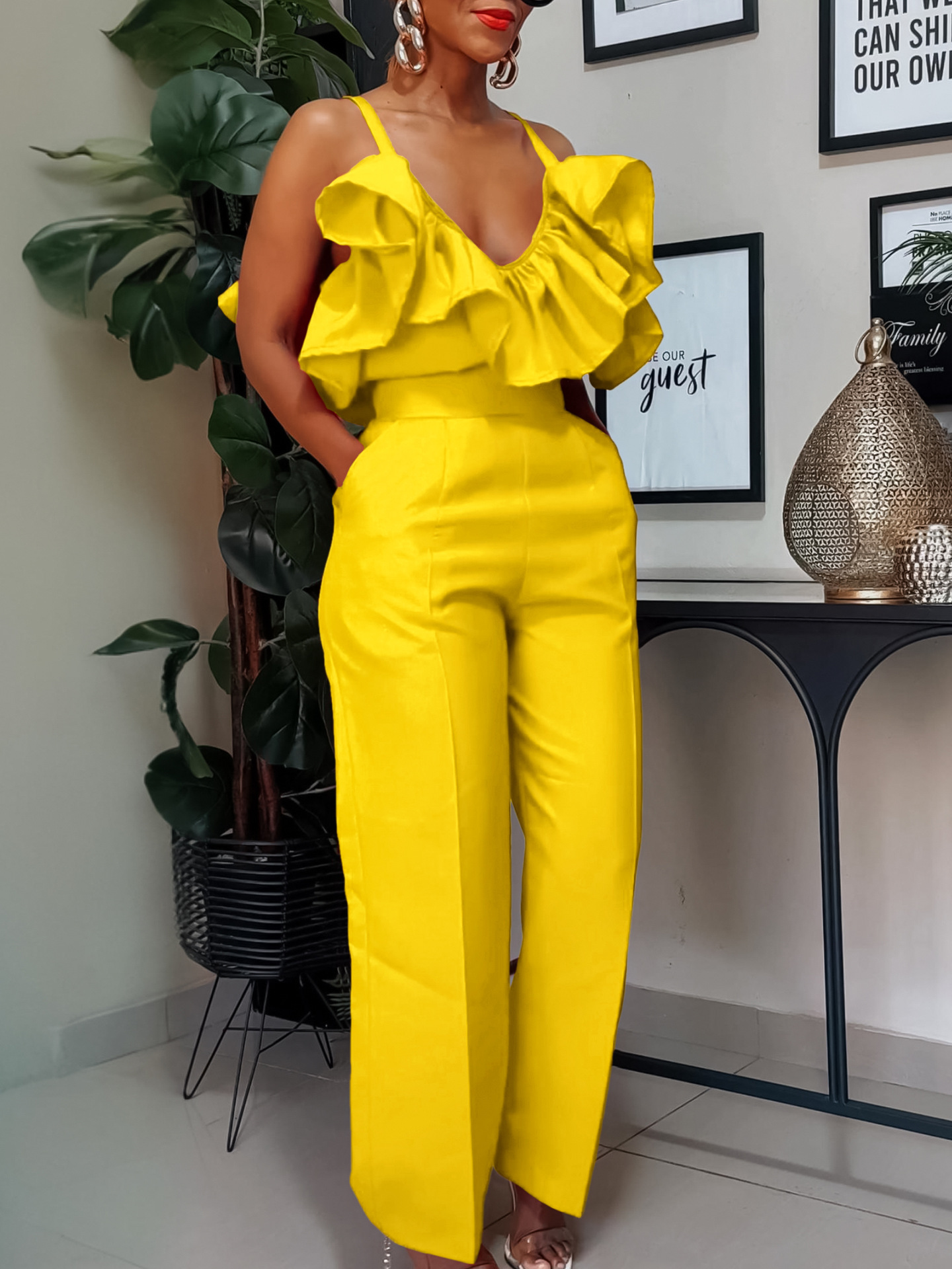 V-neck Flounce Sling Top High Waist Trousers Suit