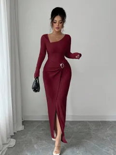 Autumn And Winter Irregular Neckline Solid Colour Knitted Texture Long Dress For Women - Red - View 1