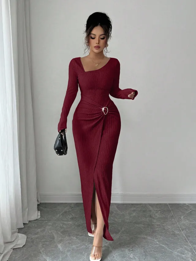 Autumn And Winter Irregular Neckline Solid Color Knitted Texture Long Dress For Women Red - Shop at LoveMi