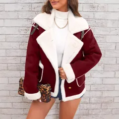 Fashion Polo Collar Plush Jacket Winter Warm Casual Jacket - Dark Red - View 1