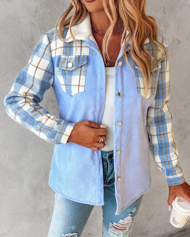 Women's Fashion Color Contrast Corduroy Jacket Blue - Shop at LoveMi
