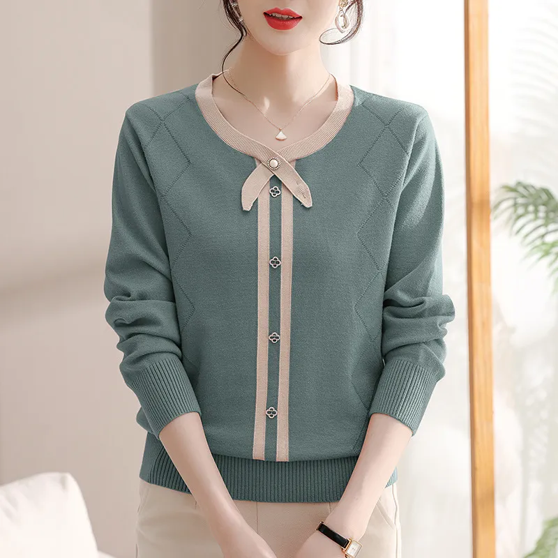 Temperament Knitted Shirt Spring And Autumn Sweater - Green