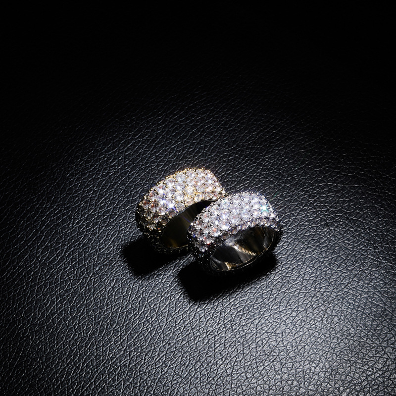 Three-row Diamond Fully Paved With Zircons Super Sparkly Hip-hop Style Couple Rings