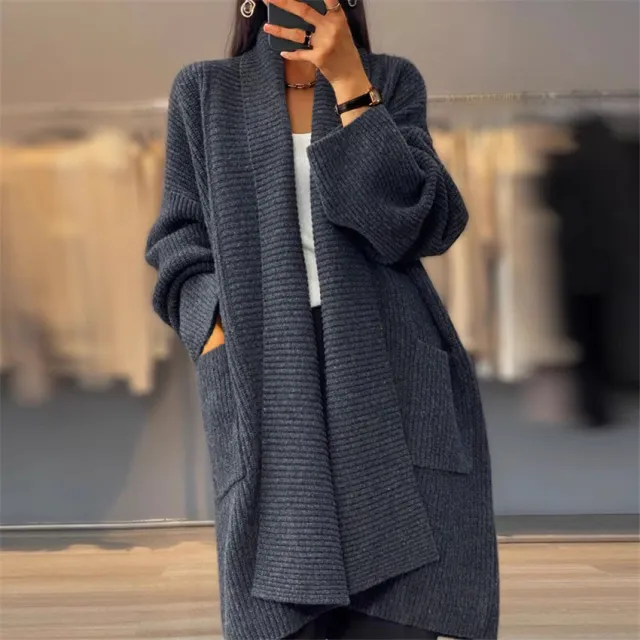 Solid Color Knitted Cardigan Loose Pockets Sweater Coat Gray - Shop at LoveMi