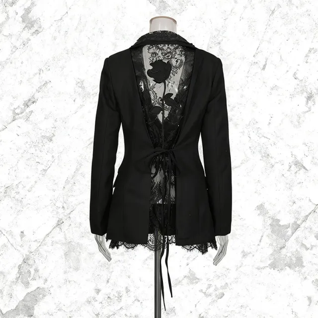 Sexy V neck Hollow out Lace Slim fit Long sleeve Blazer Black - Shop at LoveMi