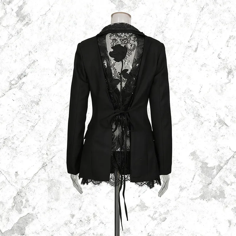 Sexy V-neck Hollow-out Lace Slim-fit Long-sleeve Blazer - Black