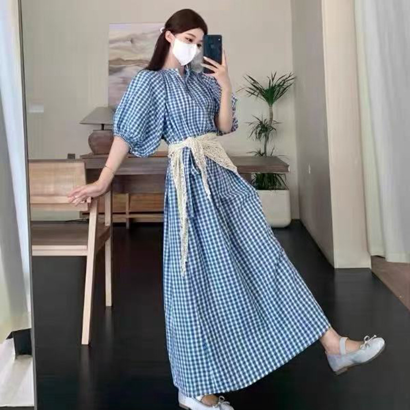 Unique Blue Plaid Puff Sleeve Dress Women