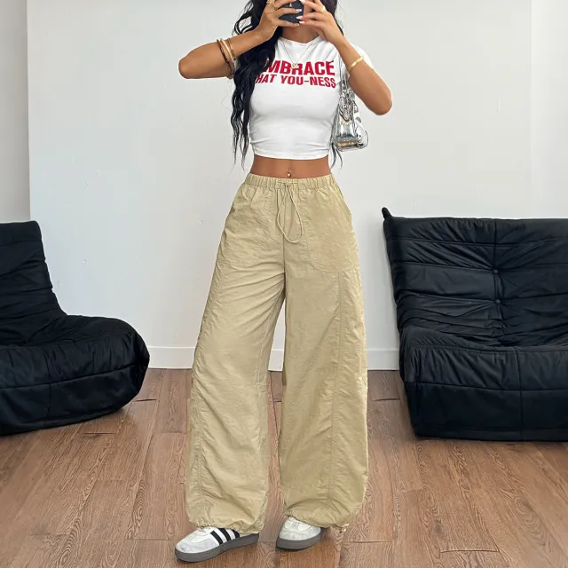 Casual Simple Drawstring Straight leg Trousers Apricot - Shop at LoveMi