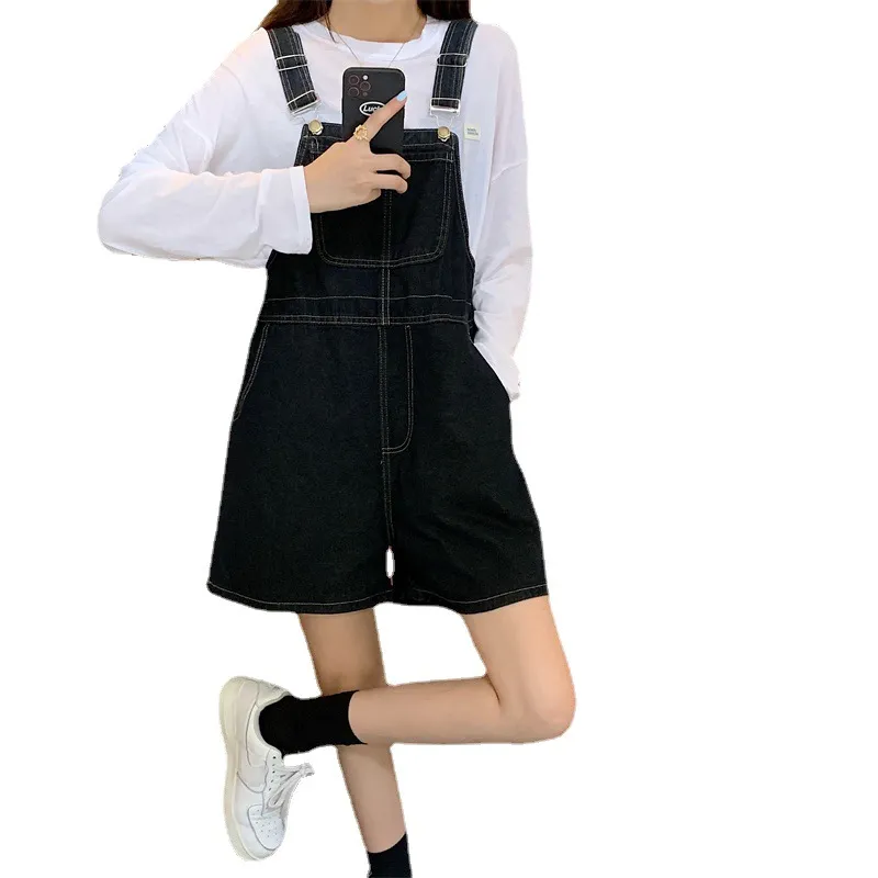 Denim Suspender Shorts Women's Summer - Black