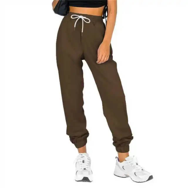 Women's Waist Belt Pocket High Waist Ankle tied Solid Color Casual Pants Brown - Shop at LoveMi