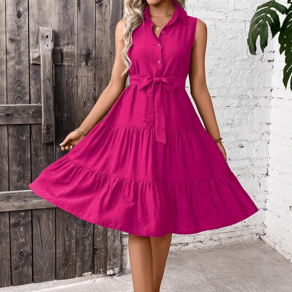 Womens New-style Solid-color Button-down Dress