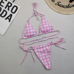 Printed Bikini Drawstring Triangle Swimsuit - Pink - View 1
