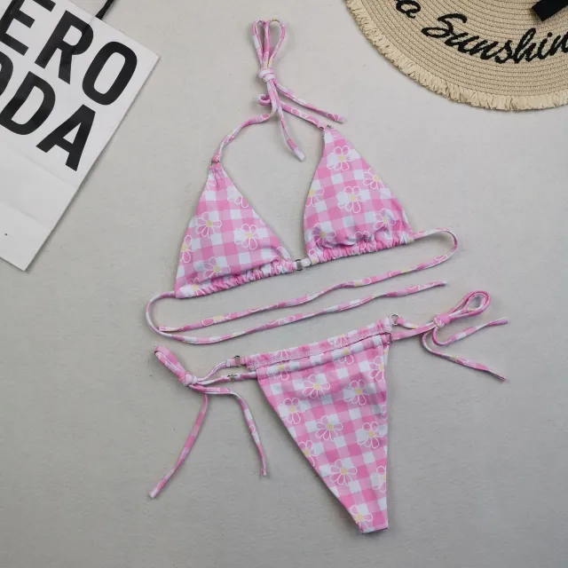 Printed Bikini Drawstring Triangle Swimsuit Pink - Shop at LoveMi