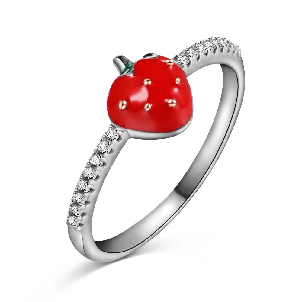 S925 Sterling Silver Strawberry Epoxy Zircon Cute Artsy Ring - Platinum