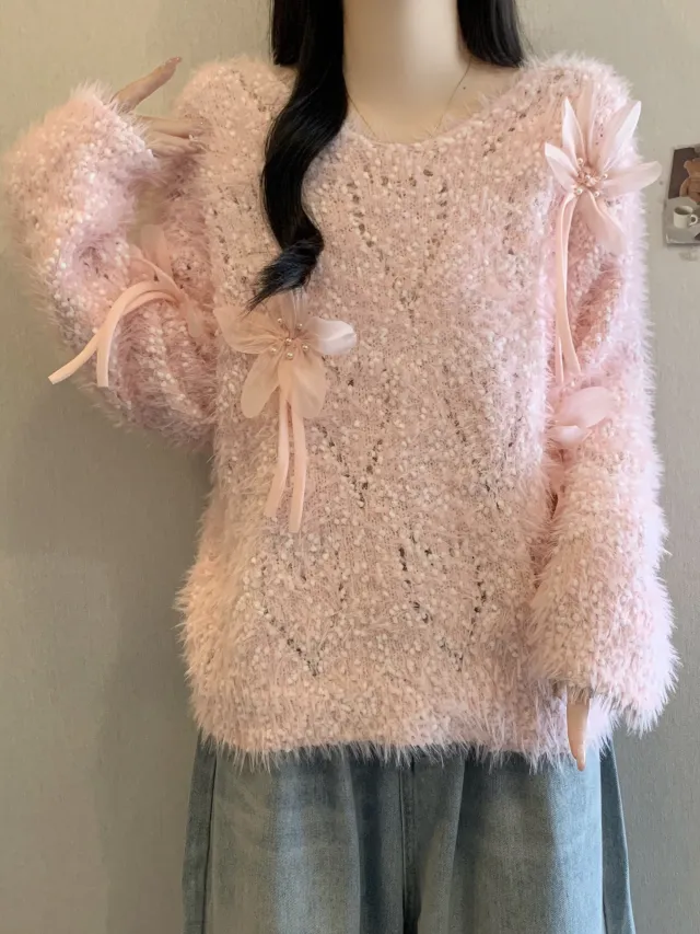 Autumn And Winter Plush Knitted Sweater For Women Sweet 3D Flower Decoration Loose Fit Pink - Shop at LoveMi