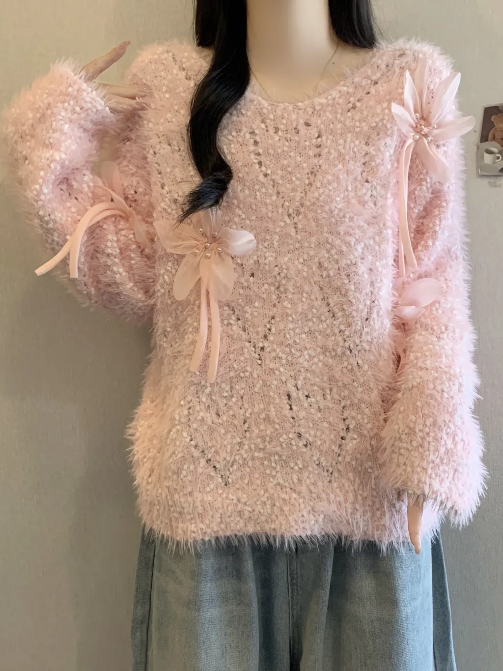 Autumn And Winter Plush Knitted Sweater For Women Sweet 3D Flower Decoration Loose Fit - Pink