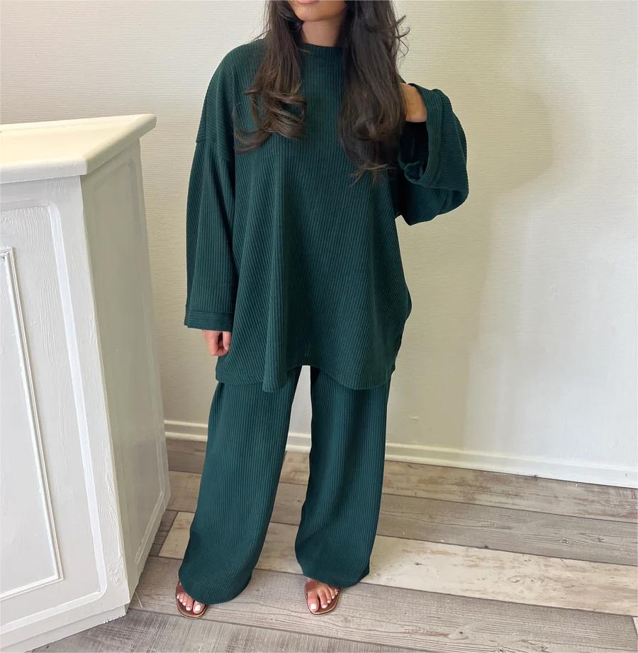 Corduroy Solid Color Round Neck Women's Long Sleeve Two piece Pants Green - Shop at LoveMi