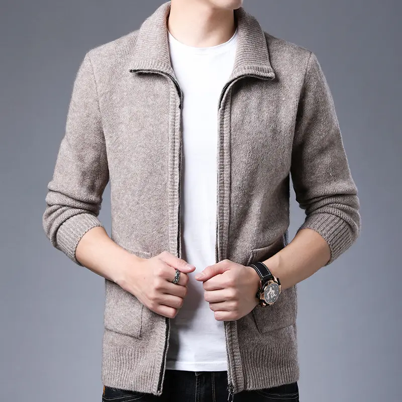 Men's Zipper Knitted Alpaca Fleecefiber Lapel Casual