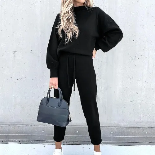 Turtleneck Casual Solid Color Hoodie Suit Black - Shop at LoveMi