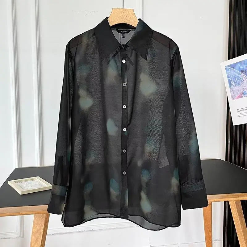 Women's Summer New Printed MD Tulle Translucent Shirt - Printing And Dyeing Shirt