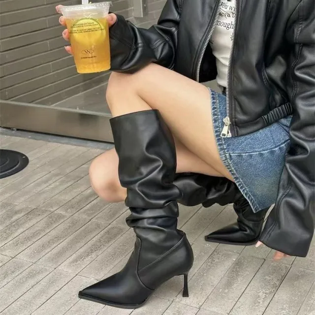 European And American Pointed Pleated High Boots Black - Shop at LoveMi