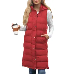 Ladies Hooded Sleeveless Zipper Cotton Padded Thickened - Red - View 1
