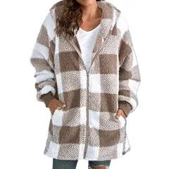 European Velvet Women's Long-sleeved Plaid Hooded Zipper With Pockets Baggy Coat - Khaki - View 1