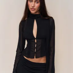 Blouse With Hollow-out Buttons And A Ribbon Tie At The Waist - Black - View 1