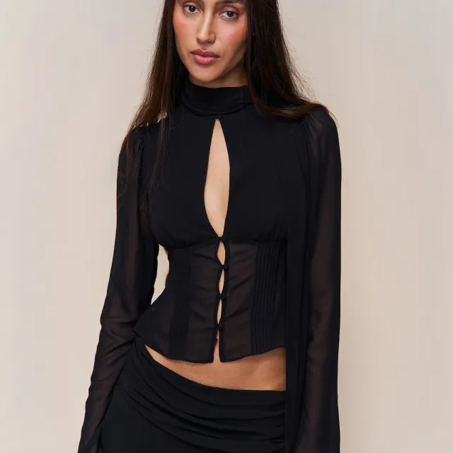 Blouse With Hollow out Buttons And A Ribbon Tie At The Waist Black - Shop at LoveMi
