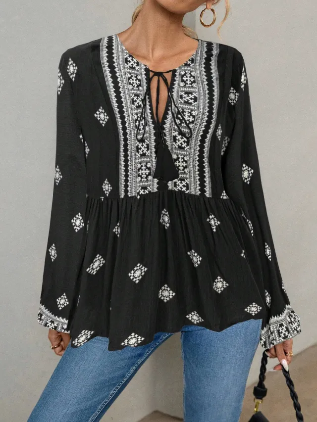 Retro National Style Half open Collar Lace up Loose Lantern Sleeve Shirt Black - Shop at LoveMi